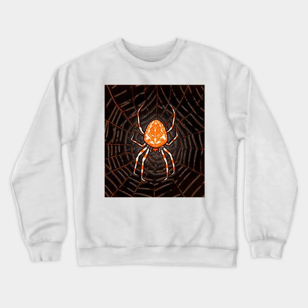 Pumpkin colored spider in black spider house on halloween Crewneck Sweatshirt by Marccelus